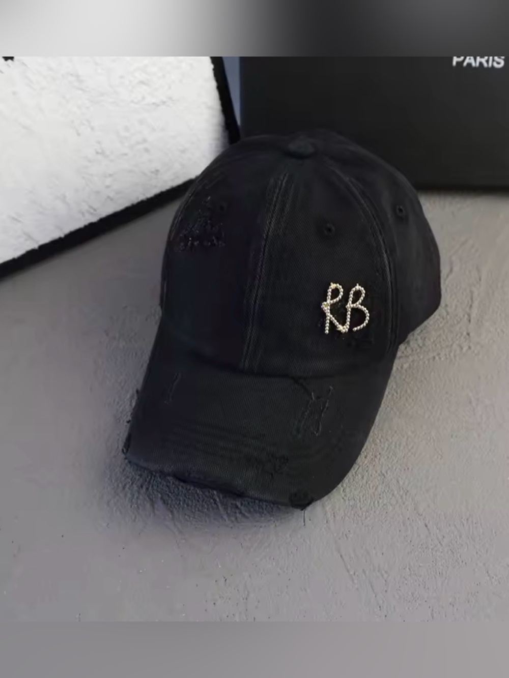 New Arrivals! Black Distressed Baseball Cap with Gold RB Logo